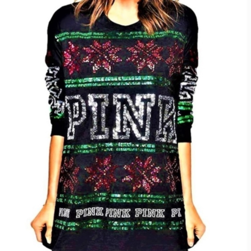 PINK Victoria's Secret festive Sequin bling Varsity Crew long sleeve holiday top